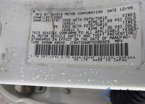 2000 Lexus Lx 470 from USA, damaged, VIN JT6HT00W8Y0096929